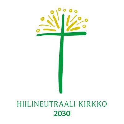 kuvassa hiilineutraali kirkko logo vihreä risti, jonka päällä haituvia kuin kukassa