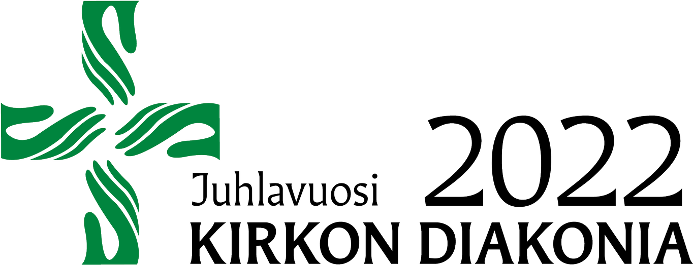 Diakonian juhlavuoden logo. Vihreä-valkoinen risti ja teksti: juhlavuosi 2022, kirkon diakonia.