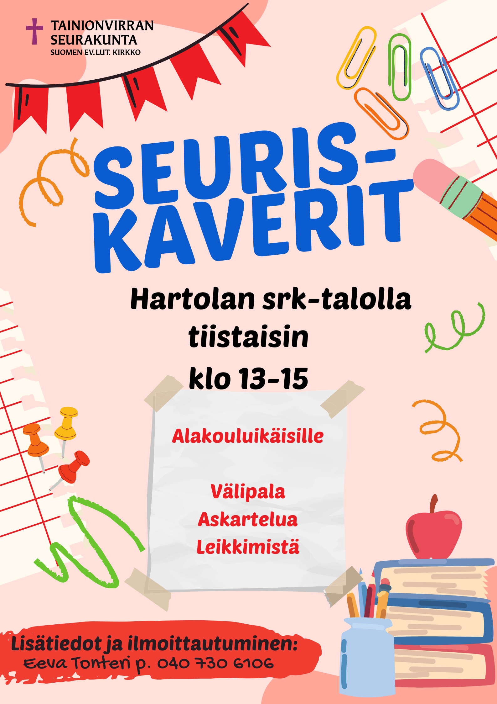 vaalenapunaisella pohjalla on koulutarvikkeiden kuvia ja mainosteksti