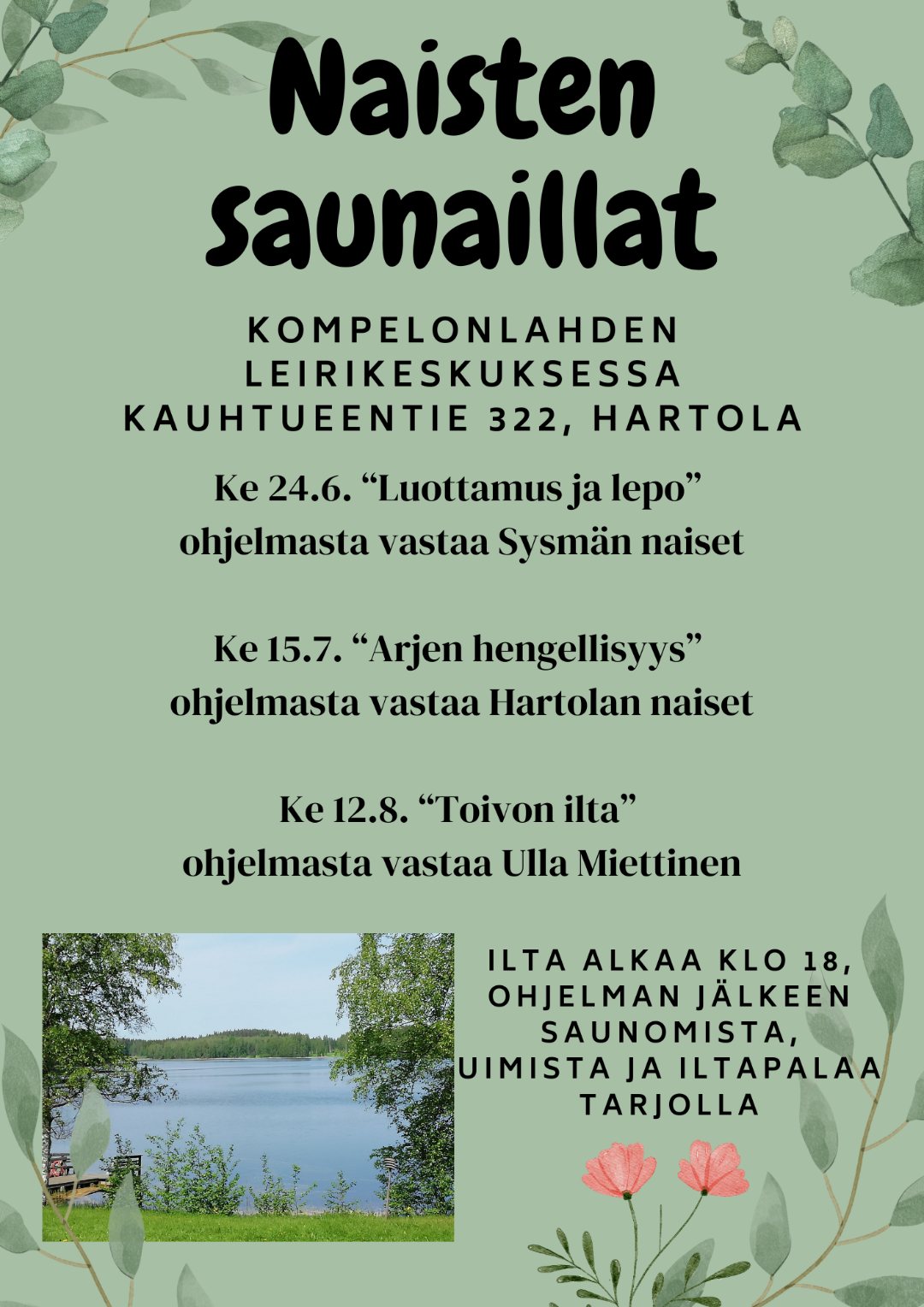 kuvassa vihreällä pohjalla kuva Kompelonlahden rannasta