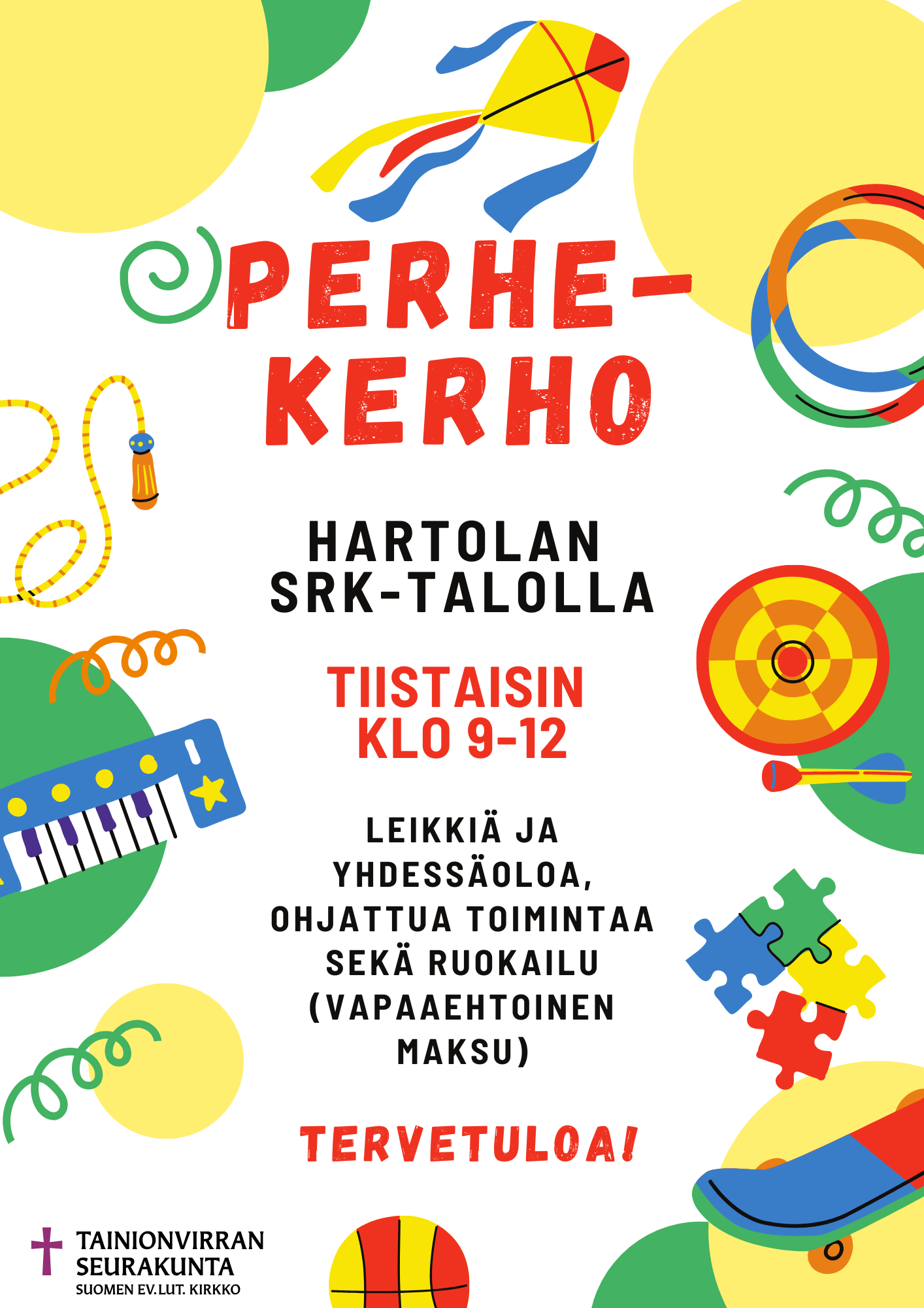 värikkäällä pohjalla leluja ja perhekerhon mainosteksti